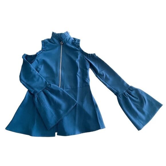 Romeo + Juliet Couture Teal Ink Blue Ruffle Cold Shoulder Top Zip Women's S NWT - Picture 1 of 10